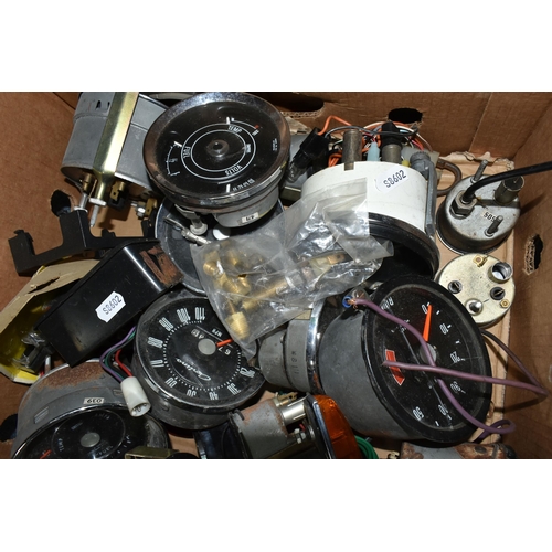 507 - THREE BOXES OF VINTAGE CAR PARTS AND ACCESSORIES ETC, to include four glass bowl fuel pumps, an AC t... 