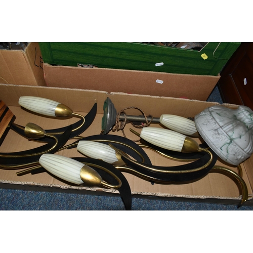 507 - THREE BOXES OF VINTAGE CAR PARTS AND ACCESSORIES ETC, to include four glass bowl fuel pumps, an AC t... 