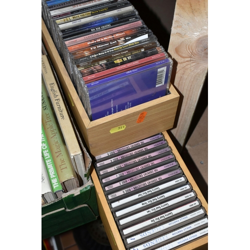 511 - FOUR BOXES OF BOOKS, LP'S & CD'S containing approximately 125 miscellaneous book titles in hardback ... 