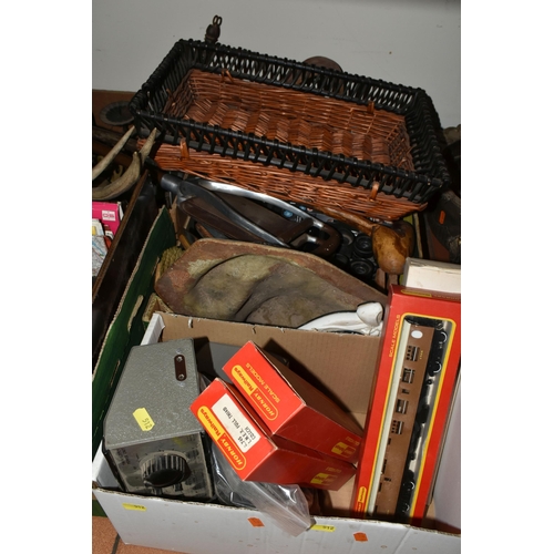 512 - FIVE BOXES AND LOOSE CAMERAS, METALWARES, WICKER ITEMS, WALKING STICKS, COLLECTABLES, ETC, including... 