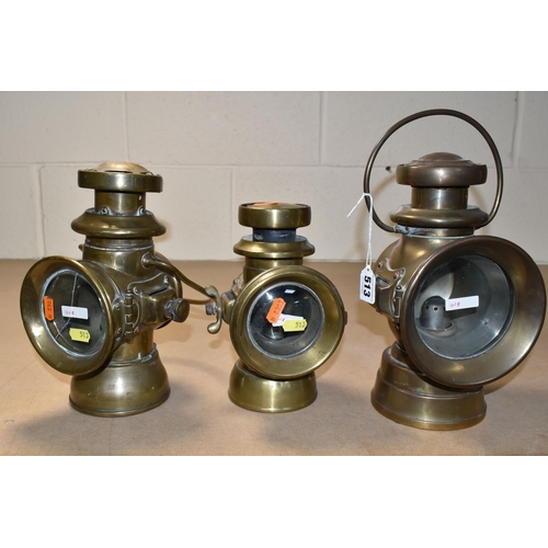 513 - THREE VINTAGE BRASS CAR LAMPS, comprising 'The H & B SIDE LAMP NO 1008', cracked glass to the front,... 