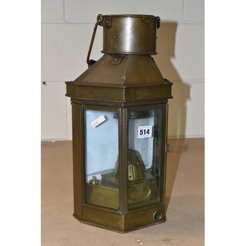 514 - AN EARLY 20TH CENTURY BRASS SHIP'S CABIN LANTERN  BY ELI. GRIFFITHS & SONS BIRMINGHAM 1912, stamped ... 