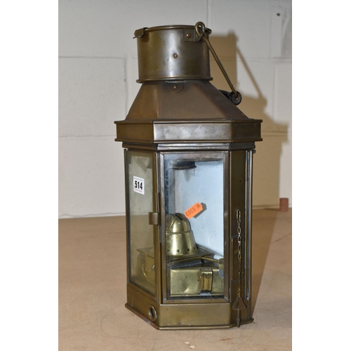 514 - AN EARLY 20TH CENTURY BRASS SHIP'S CABIN LANTERN  BY ELI. GRIFFITHS & SONS BIRMINGHAM 1912, stamped ... 