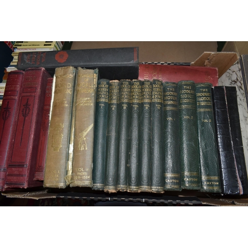 520 - THREE BOXES OF BOOKS AND GUIDE BOOKS, including six volumes of The Book of Modern Engines & Power Ge... 