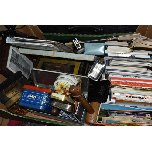 522 - A BOX, A SUITCASE AND LOOSE OF CLOCKS, COLLECTABLES,FRAMED PRINTS, ETC, including a quantity of colo... 