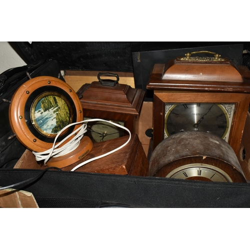 522 - A BOX, A SUITCASE AND LOOSE OF CLOCKS, COLLECTABLES,FRAMED PRINTS, ETC, including a quantity of colo... 