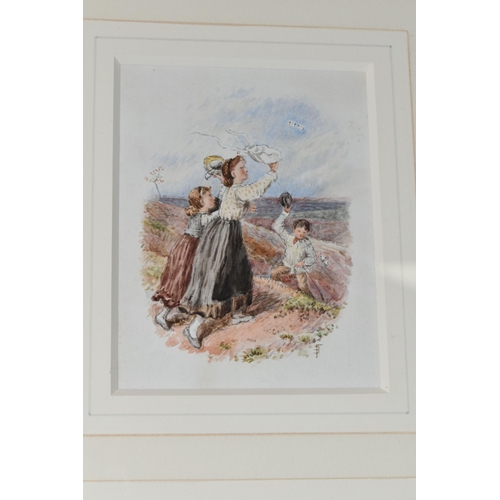 524 - A VICTORIAN STYLE WATERCOLOUR DEPICTING A FAMILY GROUP, they appear to be chasing butterflies, bears... 