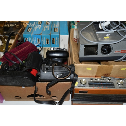 529 - TWO BOXES OF CAMERAS, BINOCULARS, PROJECTORS AND RADIOS, to include a Roberts radio model R606-MB, a... 