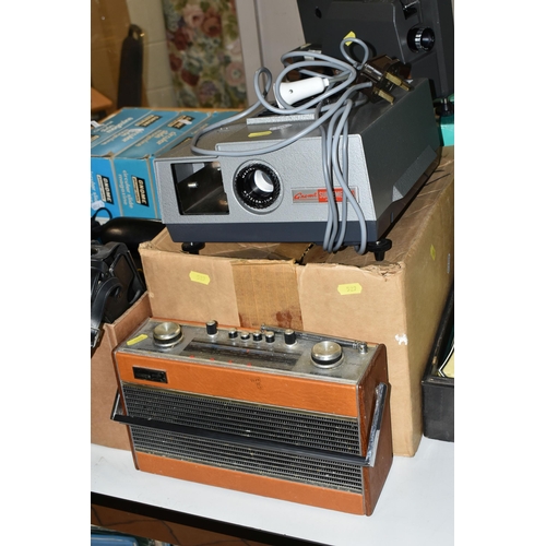 529 - TWO BOXES OF CAMERAS, BINOCULARS, PROJECTORS AND RADIOS, to include a Roberts radio model R606-MB, a... 