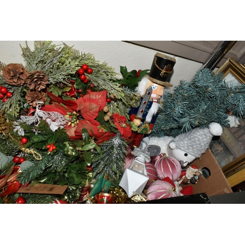 532 - THREE BOXES AND LOOSE PICTURES, CHRISTMAS DECORATIONS AND SUNDRIES, to include two metal cash boxes,... 