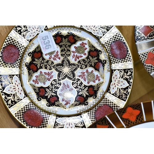 536 - THREE IMARI STYLE TEA PLATES, comprising an Abbeydale Chrysanthemum plate, and two Burtondale plates... 