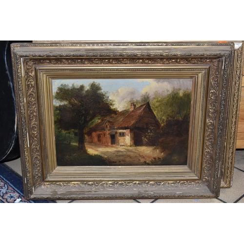 538 - THREE LATE 19TH CENTURY UNSIGNED OIL PAINTINGS, comprising a post-harvest landscape scene, oil on bo... 