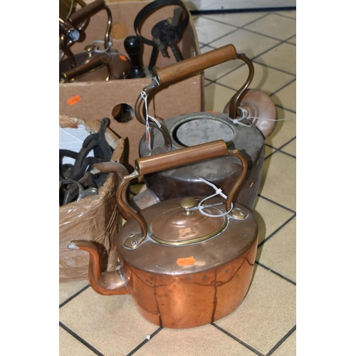 539 - TWO BOXES OF COPPERWARE AND HORSE TACK, to include four solid copper kettles, copper funnel, a pierc... 