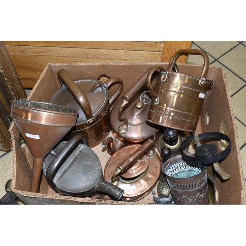 539 - TWO BOXES OF COPPERWARE AND HORSE TACK, to include four solid copper kettles, copper funnel, a pierc... 