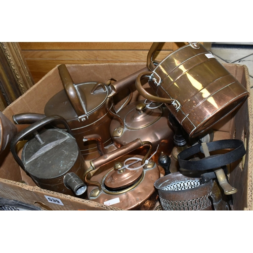 539 - TWO BOXES OF COPPERWARE AND HORSE TACK, to include four solid copper kettles, copper funnel, a pierc... 