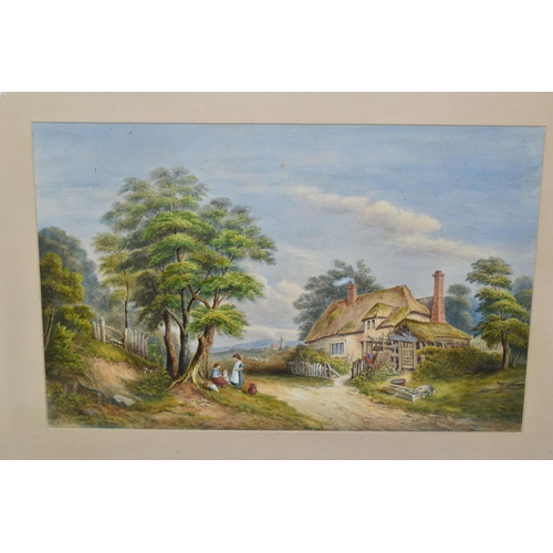 546 - A VICTORIAN WATERCOLOUR LANDSCAPE PICTURE, three children are having a picnic under the shade of a t... 