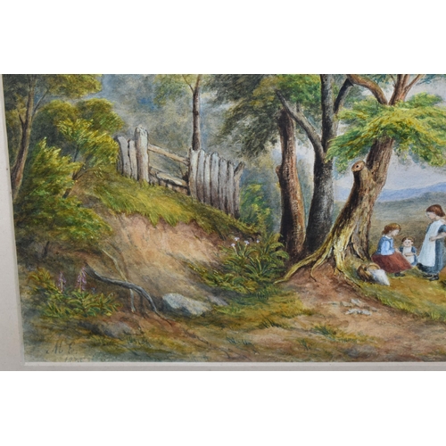 546 - A VICTORIAN WATERCOLOUR LANDSCAPE PICTURE, three children are having a picnic under the shade of a t... 