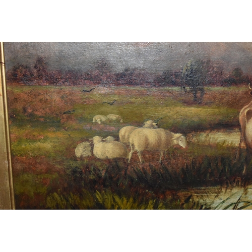 548 - A LATE VICTORIAN PICTURESQUE LANDSCAPE, depicting cattle drinking from a river, no visible signature... 