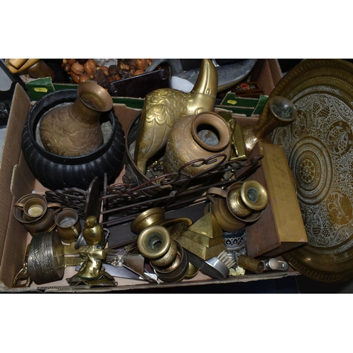 551 - FOUR BOXES OF METALWARES, TREEN AND SUNDRY ITEMS, to include brass ornaments, vases and birds, woode... 