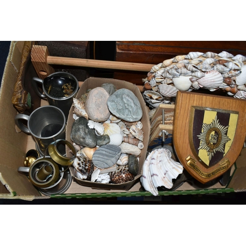 551 - FOUR BOXES OF METALWARES, TREEN AND SUNDRY ITEMS, to include brass ornaments, vases and birds, woode... 