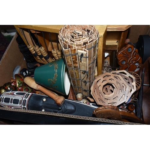 551 - FOUR BOXES OF METALWARES, TREEN AND SUNDRY ITEMS, to include brass ornaments, vases and birds, woode... 