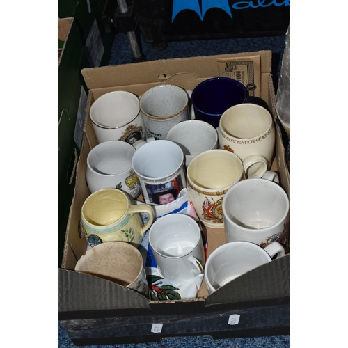 554 - THREE BOXES AND LOOSE SUNDRY ITEMS ETC, to include Royal Commemorative mugs, boxed car sun blinds, B... 