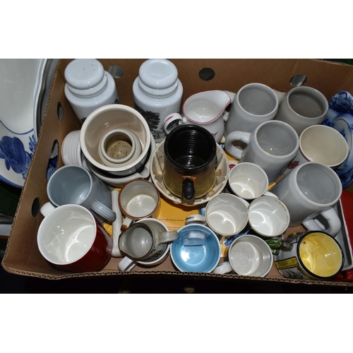 555 - FIVE BOXES AND LOOSE CERAMICS AND GLASS ETC, to include Royal Worcester ramekins, Cauldon rose patte... 