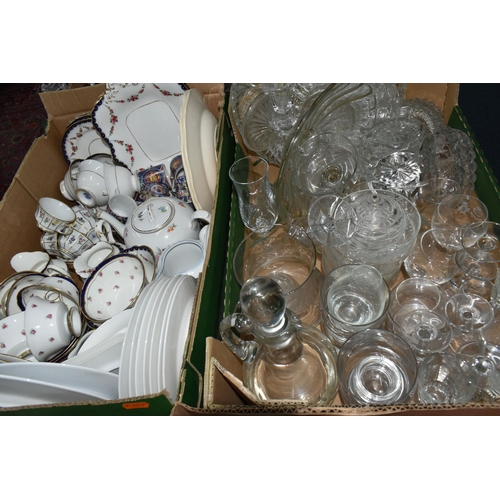 555 - FIVE BOXES AND LOOSE CERAMICS AND GLASS ETC, to include Royal Worcester ramekins, Cauldon rose patte... 