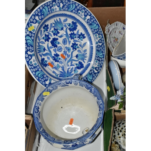 557 - TWO BOXES OF CERAMICS, to include a blue and white hand painted Turkish charger, blue and white 'Wil... 