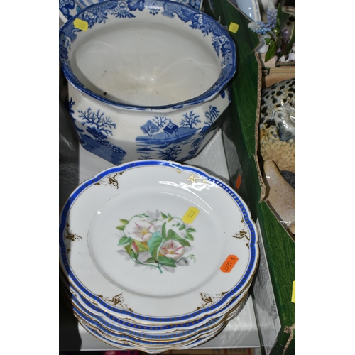 557 - TWO BOXES OF CERAMICS, to include a blue and white hand painted Turkish charger, blue and white 'Wil... 