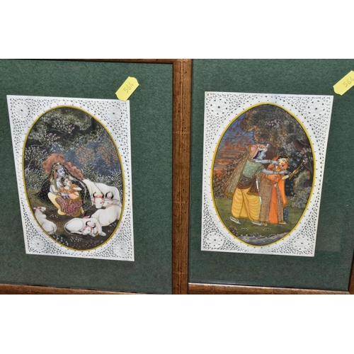 564 - A SMALL QUANTITY OF PAINTINGS AND PRINTS ETC, comprising three modern Indian paintings on faux ivory... 