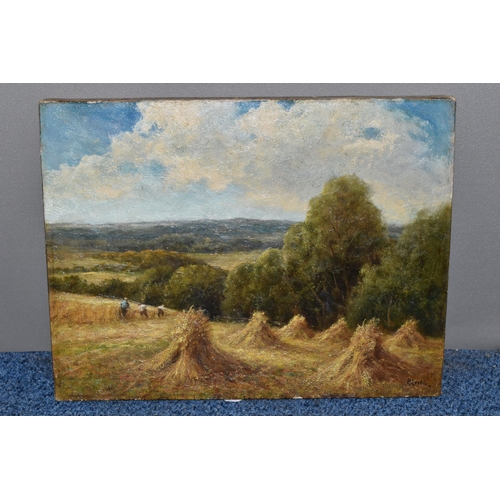 567 - P. LESLIE (PETER?) AN EARLY 20TH CENTURY ENGLISH SCHOOL LANDSCAPE, three figures are harvesting a fi... 