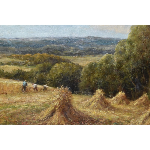 567 - P. LESLIE (PETER?) AN EARLY 20TH CENTURY ENGLISH SCHOOL LANDSCAPE, three figures are harvesting a fi... 