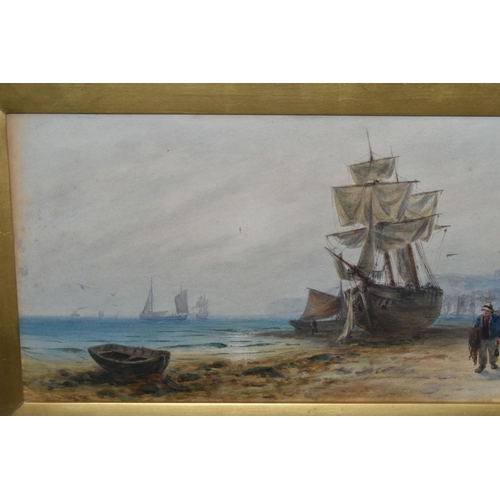 568 - JOHN FRANCIS BRANEGAN (1843-1909 'BRIG ASHORE IN HASTINGS', boats on the shoreline at low tide, a ma... 