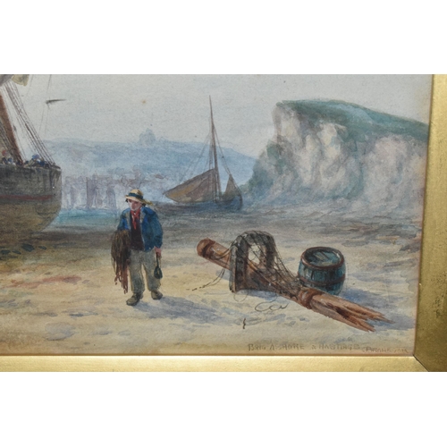 568 - JOHN FRANCIS BRANEGAN (1843-1909 'BRIG ASHORE IN HASTINGS', boats on the shoreline at low tide, a ma... 