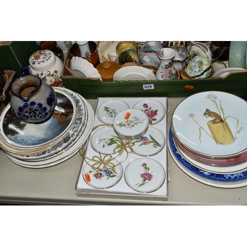 575 - THREE BOXES OF ORNAMENTS, VASES AND COLLECTOR'S PLATES, to include a Sadler tea caddy, Yeo Pottery p... 