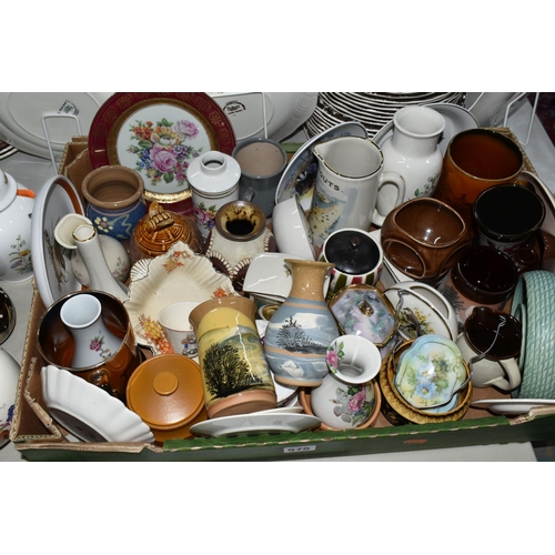 575 - THREE BOXES OF ORNAMENTS, VASES AND COLLECTOR'S PLATES, to include a Sadler tea caddy, Yeo Pottery p... 