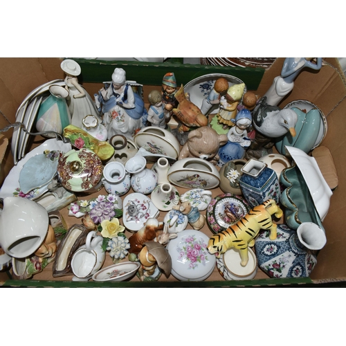 575 - THREE BOXES OF ORNAMENTS, VASES AND COLLECTOR'S PLATES, to include a Sadler tea caddy, Yeo Pottery p... 