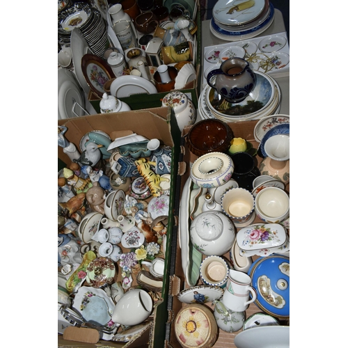 575 - THREE BOXES OF ORNAMENTS, VASES AND COLLECTOR'S PLATES, to include a Sadler tea caddy, Yeo Pottery p... 