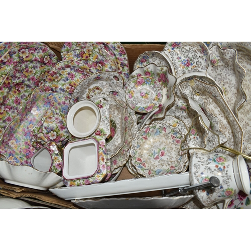 577 - THREE BOXES OF JAMES KENT TABLEWARE, to include 'Rose Bud', 'Daisies', 'Moonglow', 'Chintz'  and oth... 