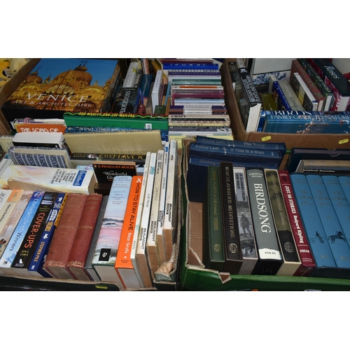 581 - FIVE BOXES OF ASSORTED BOOKS, to include Folio Society titles, authors include Primo Levi, Pliny, Ma... 