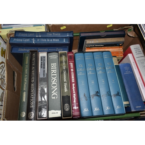 581 - FIVE BOXES OF ASSORTED BOOKS, to include Folio Society titles, authors include Primo Levi, Pliny, Ma... 