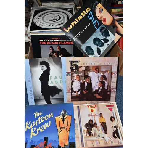 585 - TWO BOXES OF ASSORTED LP RECORDS ETC, artists include The Carpenters, Blue Mink, Teddy Pendergrass, ... 