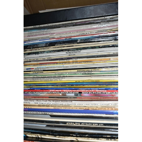 585 - TWO BOXES OF ASSORTED LP RECORDS ETC, artists include The Carpenters, Blue Mink, Teddy Pendergrass, ... 