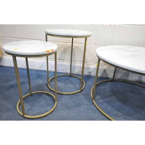 1295 - A MABLE TOP CIRCULAR COFFEE TABLE, diameter 72cm x height 42cm, a matching pair of circular graduate... 