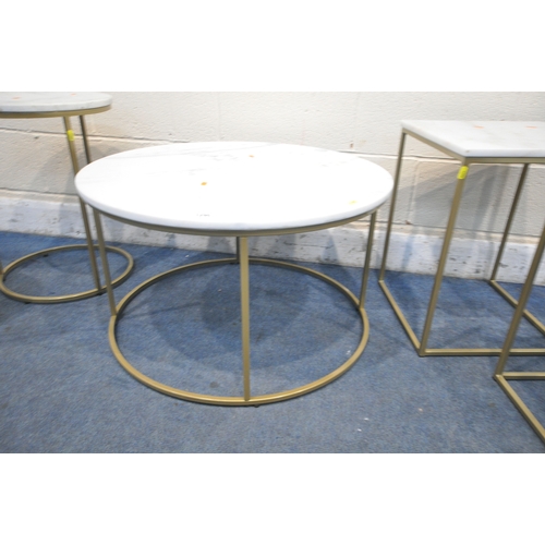 1295 - A MABLE TOP CIRCULAR COFFEE TABLE, diameter 72cm x height 42cm, a matching pair of circular graduate... 