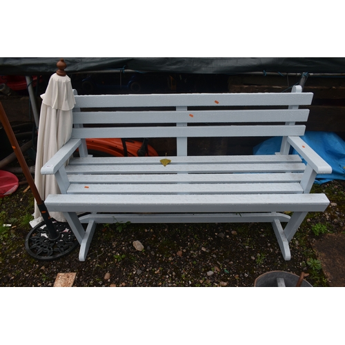 1017 - A LIGHT BLUE PAINTED WOODEN GARDEN BENCH, length 152cm, and a small parasol (condition report: overa... 