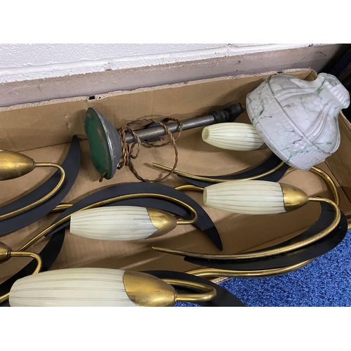 589 - ONE BOX OF MID-CENTURY WALL LIGHT FITTINGS, to include a quantity of electrical valves, a set of one... 