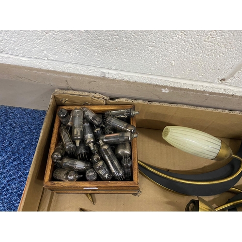 589 - ONE BOX OF MID-CENTURY WALL LIGHT FITTINGS, to include a quantity of electrical valves, a set of one... 