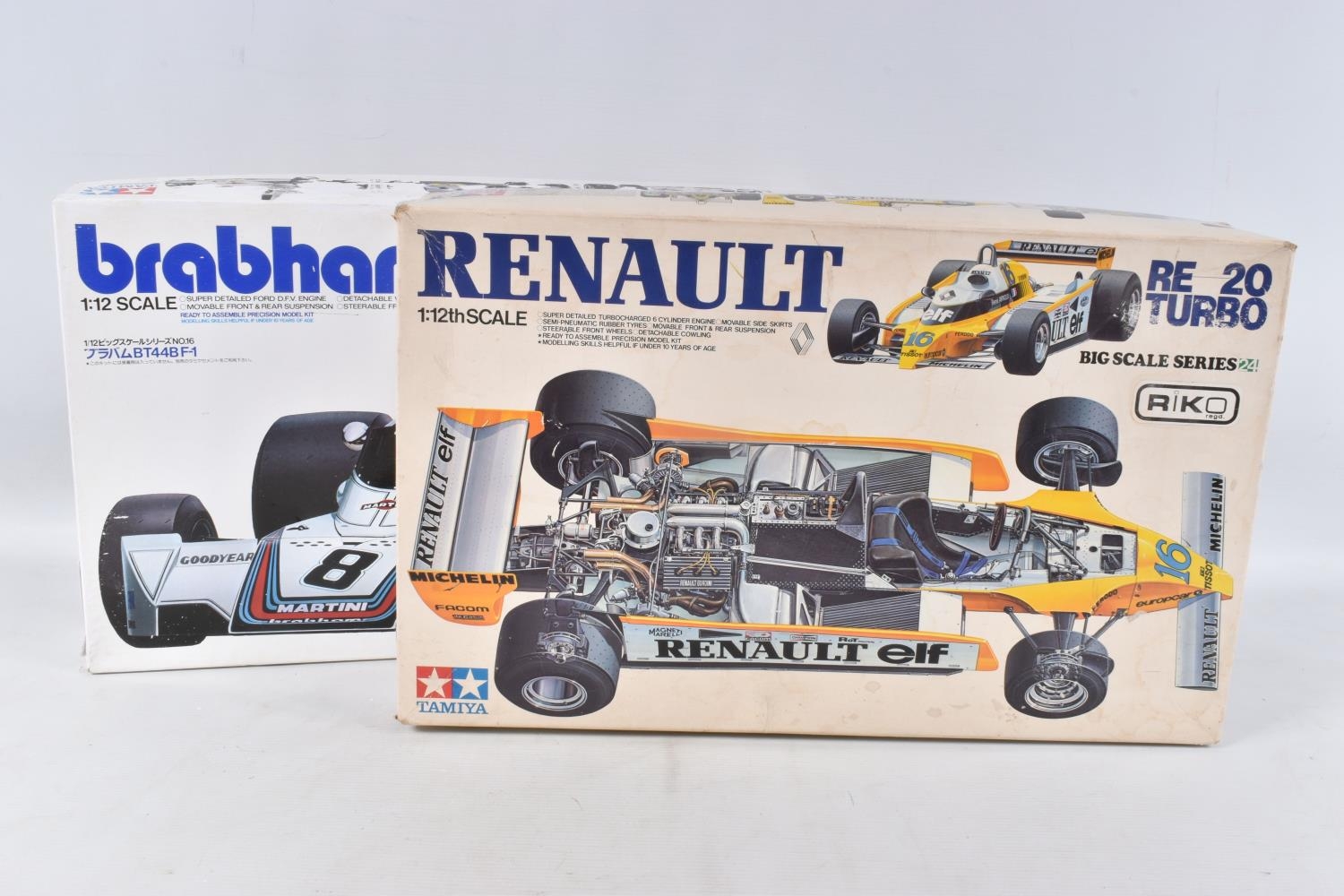 TWO BOXED UNBUILT TAMIYA MODEL RACECARS, to include a Renault RE